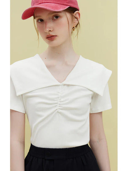 Saviig Knitted Doll Collar Short-sleeve Tee: Chic Summer Style