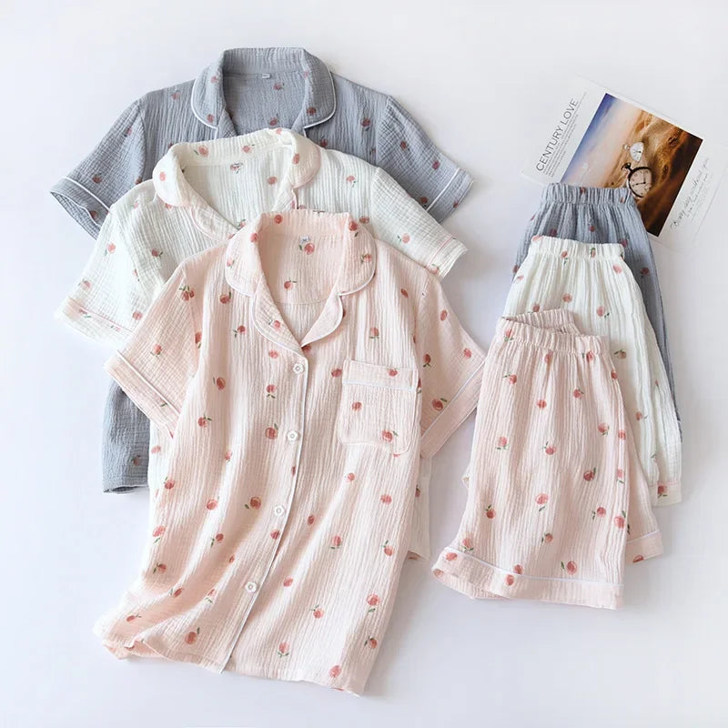 Saviig 2025 Summer Short-sleeve Pajama Set in 100% Cotton Crepe Fabric