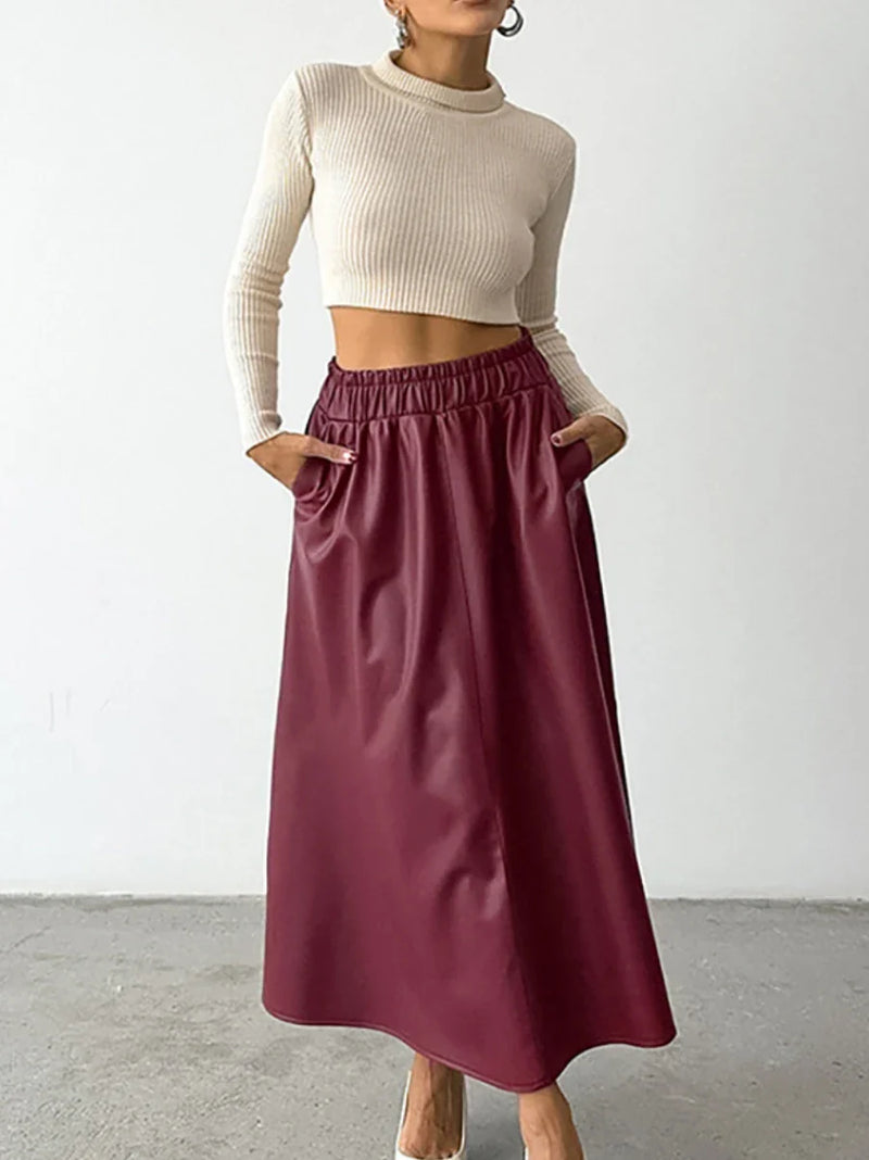 Saviig Retro Red Leather Half Skirt for Women | Autumn Winter PU Chic Long Skirt