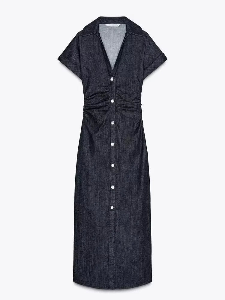 Saviig Chic Pleated Denim Dress: Short Sleeve Lapel Solid Vestidos