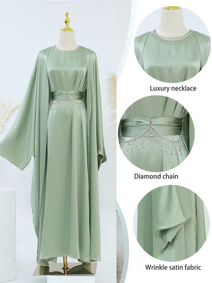 Saviig Ramadan Satin Abaya Dubai Set - Muslim Prayer Clothes Caftan Robe Femmes