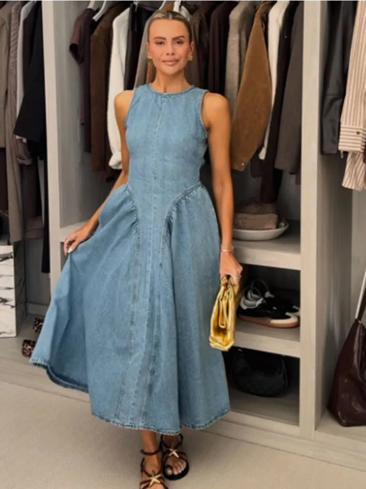Saviig Chic Pleated Denim Dress: Short Sleeve Lapel Solid Vestidos