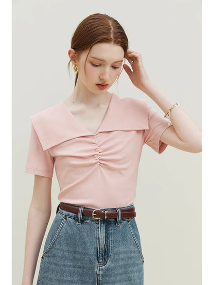 Saviig Knitted Doll Collar Short-sleeve Tee: Chic Summer Style