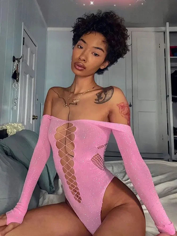 Saviig Pink Lace Off-Shoulder Bodysuit - Hot Nightclub Lingerie Top