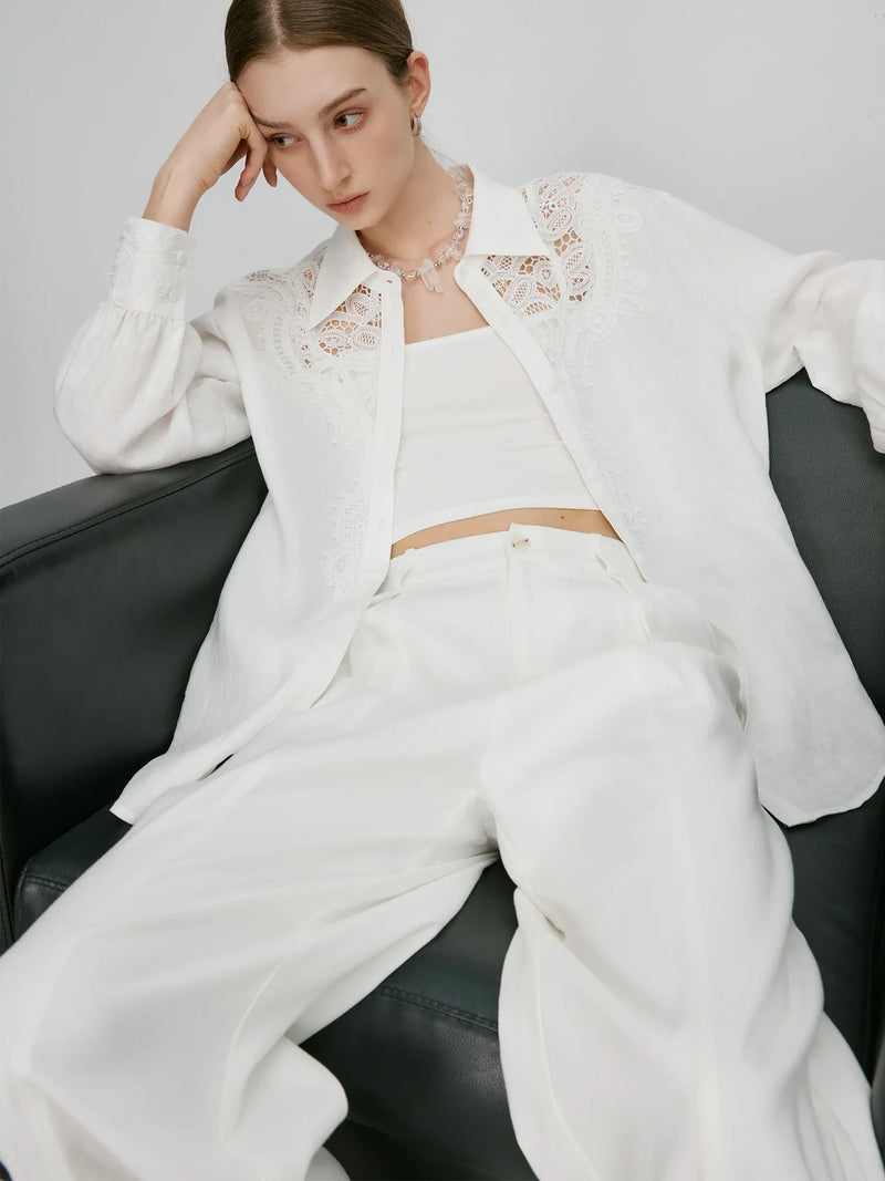 Saviig Minimalist Linen Lace White Shirt - 2025 Summer Embroidered Chic Soft Top