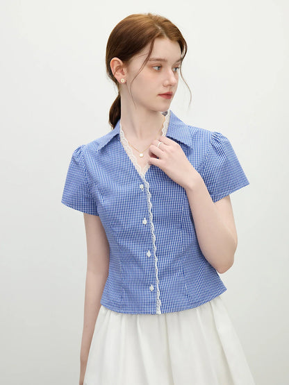 Saviig Summer French Lace Checkered Collar Blouse Linen-Blend Slim Fit Women's Top