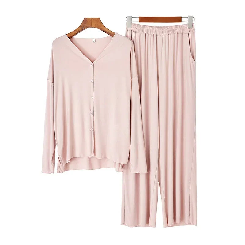 Saviig Cotton Pajama Set, Solid Color Cardigan & Long-Sleeve Pants for Women