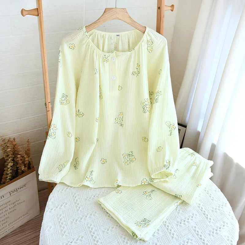 Saviig Cotton Crepe Floral Pajama Set - Pullover Top, Long Pants - Women's Spring & Autumn Fashion