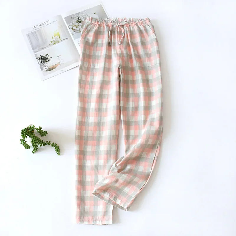 Saviig Plaid Cotton Gauze Sleep Pants for Couples