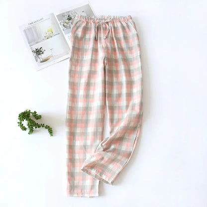 Saviig Plaid Cotton Gauze Sleep Pants for Couples