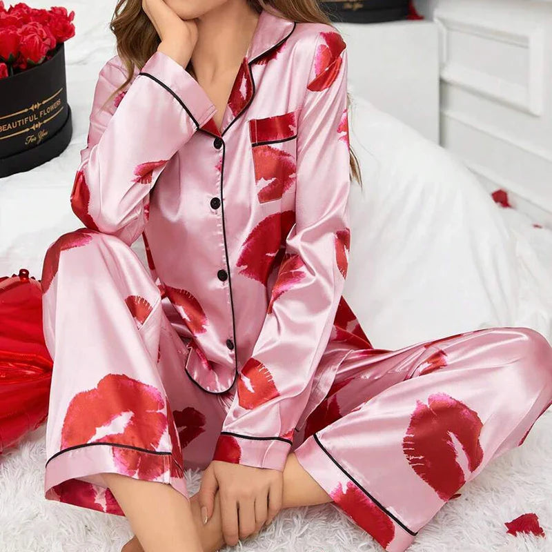 Saviig Lip Print Satin Pajama Set with Long Sleeve Top and Pants