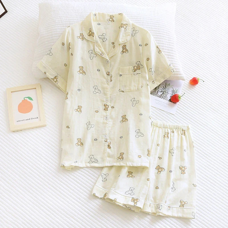 Saviig Rabbit Flower Print Pajama Set Short Sleeve Top Elastic Shorts