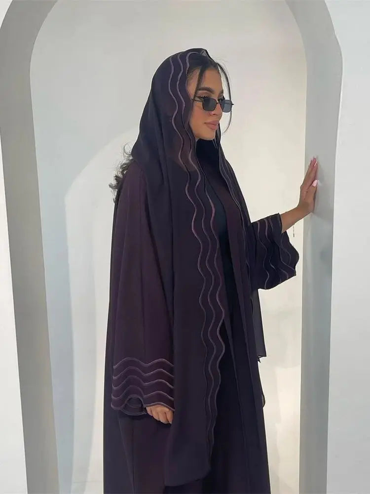 Saviig Ramadan Eid Kimono Abaya Set for Women in Gray Black