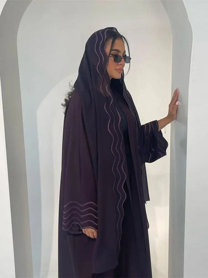 Saviig Ramadan Eid Kimono Abaya Set for Women in Gray Black