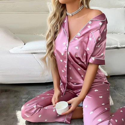 Saviig Heart Print Satin Pajama Set - Short Sleeve Top & Pants Pyjamas