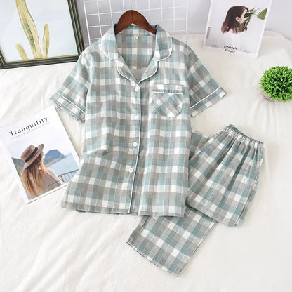 Saviig Cotton Gauze Women's Pajama Set: Short-Sleeve Top & Pants, Cute & Lightweight