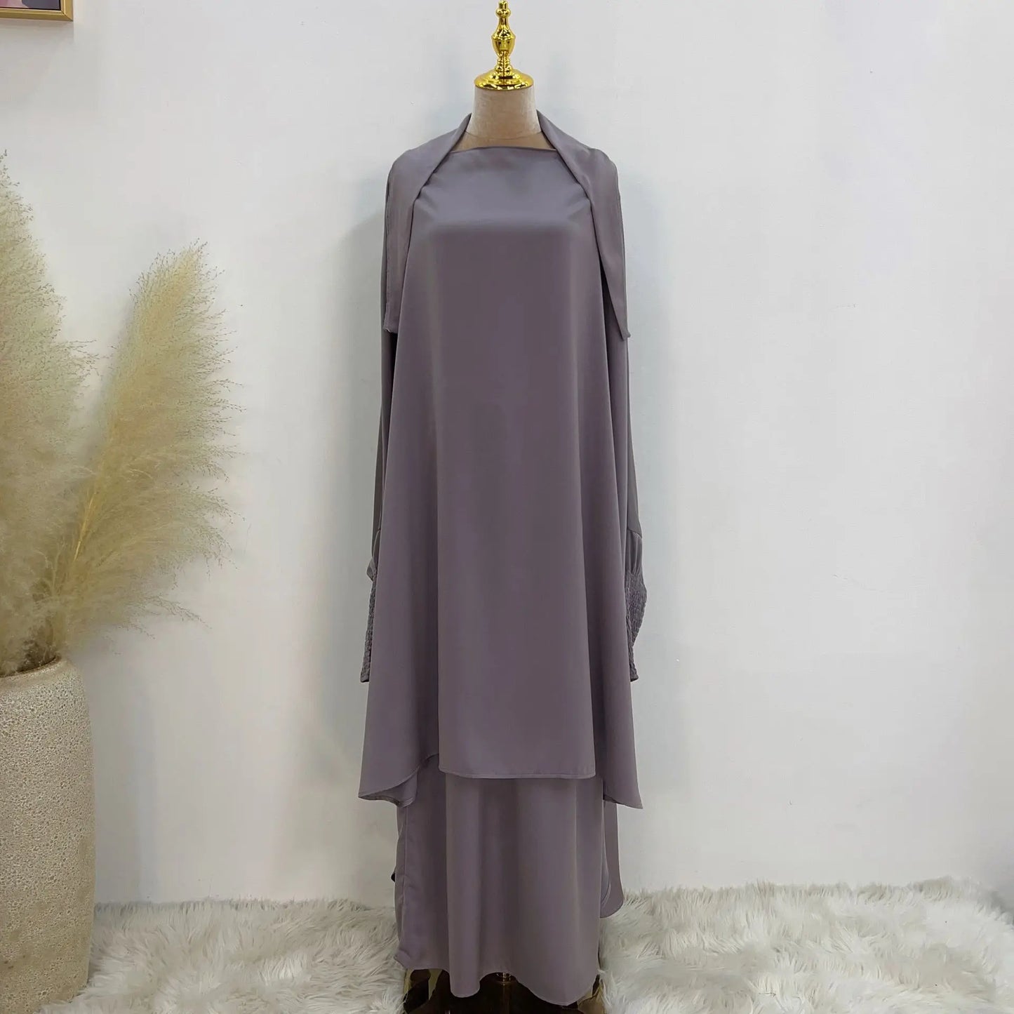 Saviig Satin Jilbab Set, Smocked Abaya, Khimar, Side Pocket Skirt