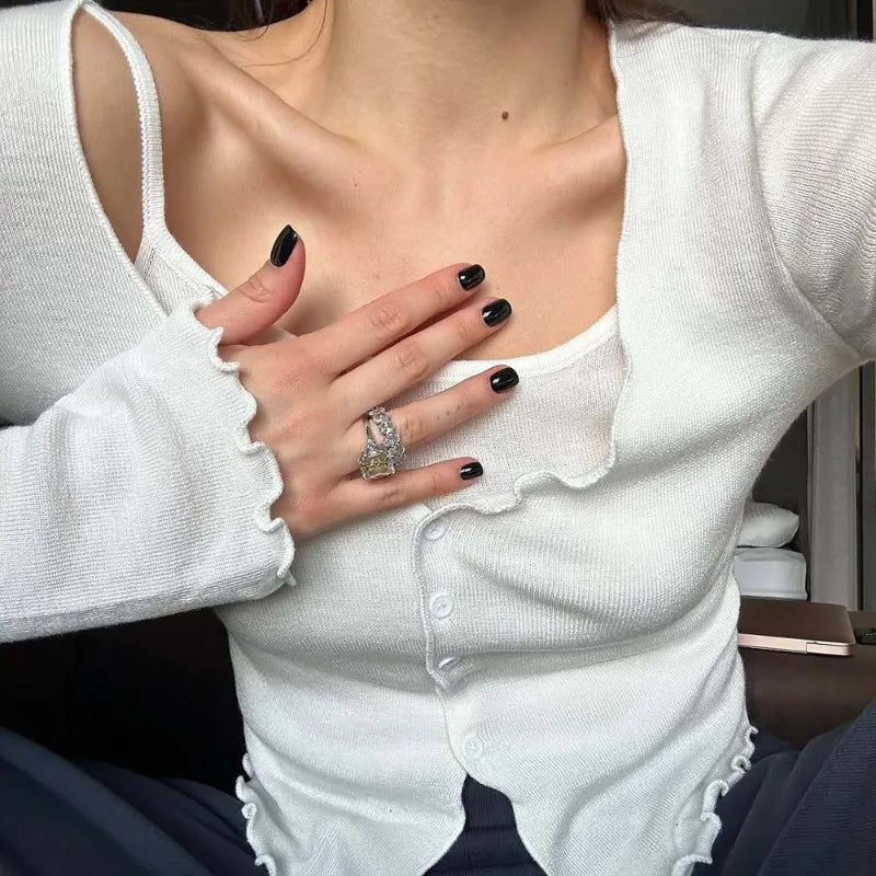 Saviig Spring Knit Sweater Solid Long Sleeve Slim Top Elegant Pullover