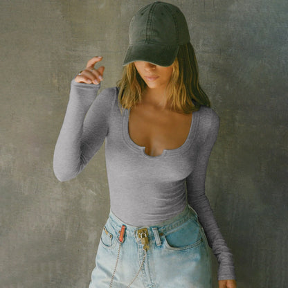 Saviig Ribbed V-Neck Long Sleeve Tee - Solid Color Slim Fit Top