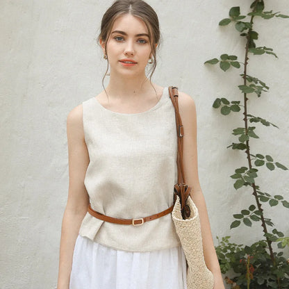Saviig Linen Cross Back Tank Top Solid Patchwork Summer Haut Femme