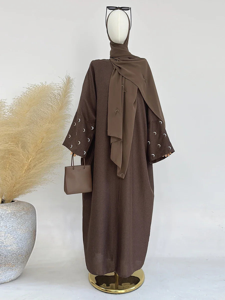 Saviig Moon Embroidery Open Abaya, Batwing Sleeves Kimono for Muslim Women
