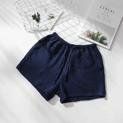 Saviig Cotton Crepe Sleep Shorts for Couples, Elastic Waist Nightwear Pajama Bottoms