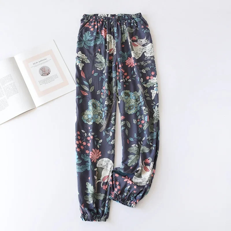 Saviig Floral Viscose Pajama Pants: Comfortable Loose Fit Home Trousers