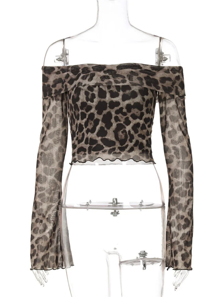 Saviig Leopard Mesh Off-Shoulder Crop Top - Y2K Style Slim Tee