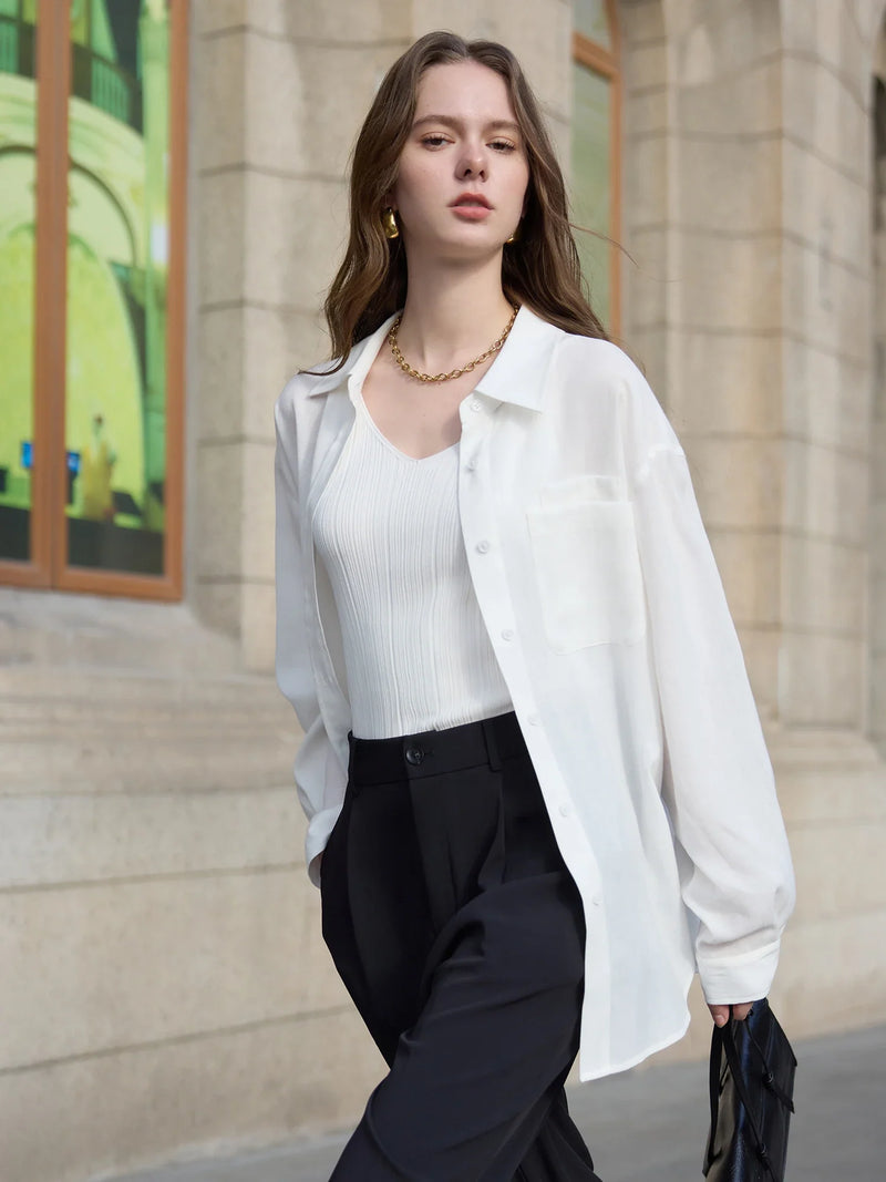 Saviig White Linen Office Blouse Long Sleeve Two-wear Shirt Tops