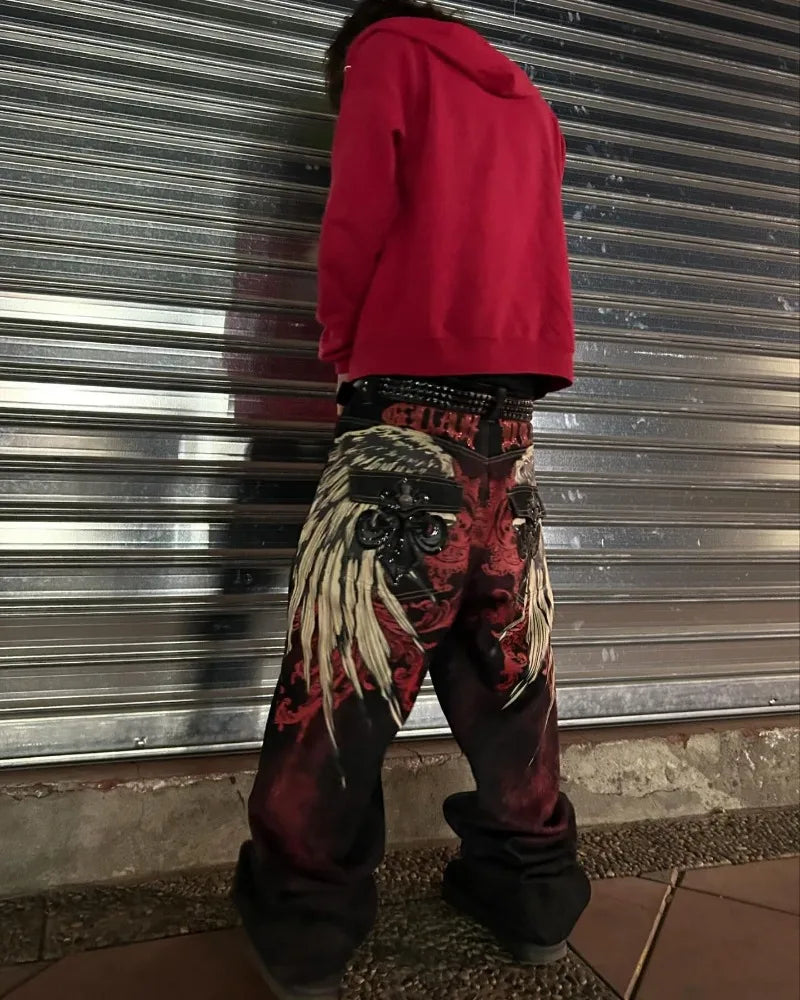 Saviig Harajuku Fashion Letter Embroidery Oversized Baggy Jeans Men Retro Gothic Trousers