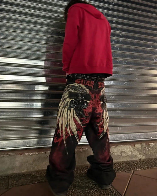Saviig Harajuku Fashion Letter Embroidery Oversized Baggy Jeans Men Retro Gothic Trousers
