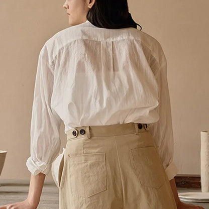 Saviig White Cotton Shirt: Women's Long Sleeve Button-Up Blouse