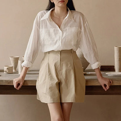 Saviig White Cotton Shirt: Women's Long Sleeve Button-Up Blouse