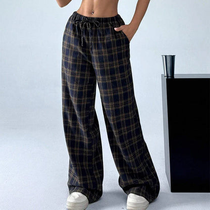 Saviig Plaid Straight Pants: Elastic Waist Drawstring Trousers