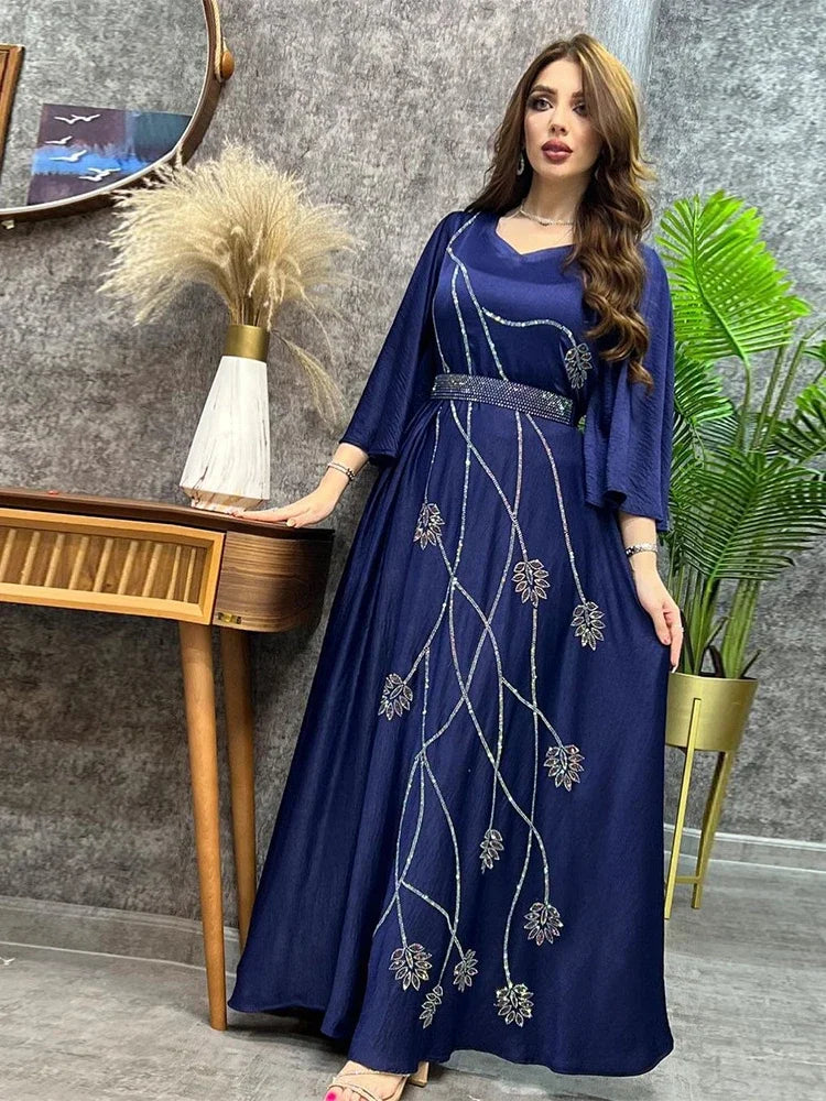Saviig Diamond Lace-Up Abaya Kaftan for Muslim Women Party Ensemble