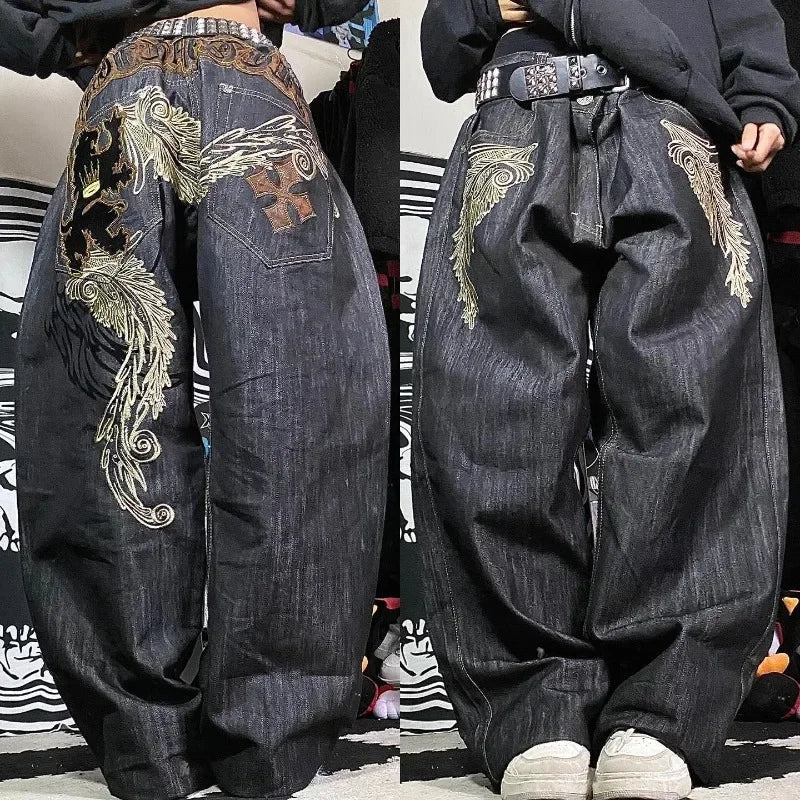 Saviig Vintage Oversized Letter Embroidery High Waist Wide Leg Jeans Harajuku Hip Hop