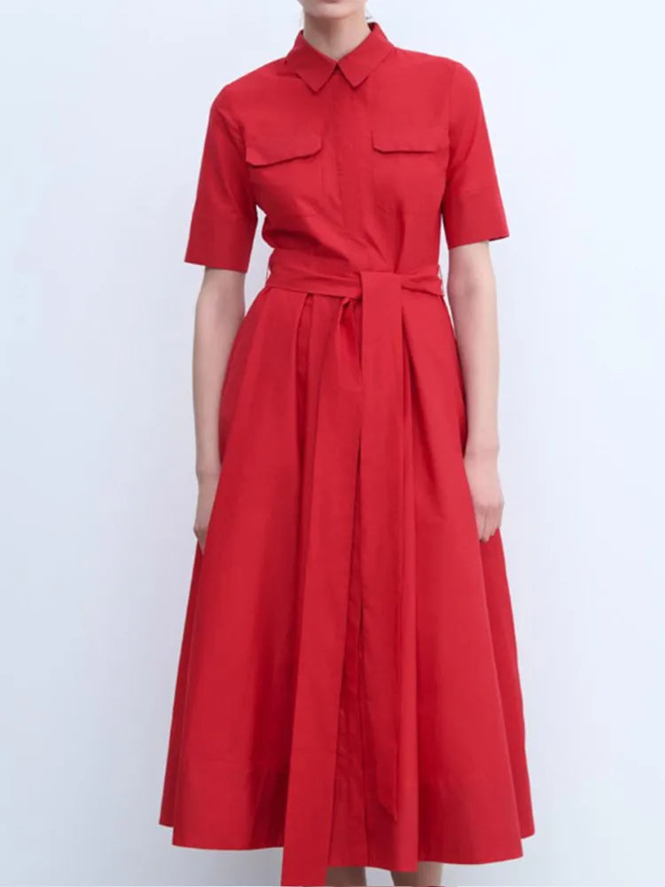Saviig Retro Double Pocket A-line Dress, Half Sleeve, Lapel, Pleated, Daily Street Style