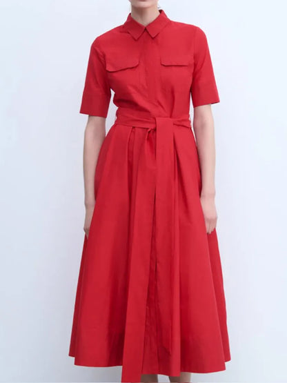 Saviig Retro Double Pocket A-line Dress, Half Sleeve, Lapel, Pleated, Daily Street Style
