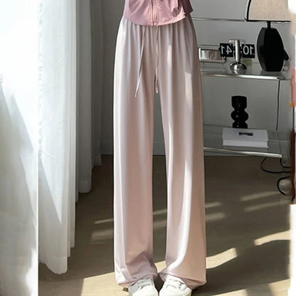Saviig 2025 Women's Ice Silk Wide Leg Pants - High Waist Casual Sporty Summer Trousers