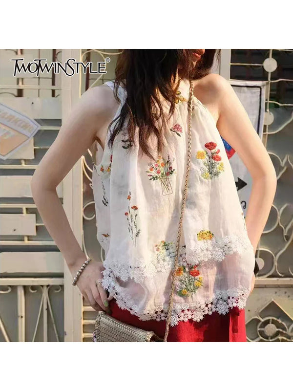 Saviig Embroidered Ruffle Sleeveless T-Shirt for Women