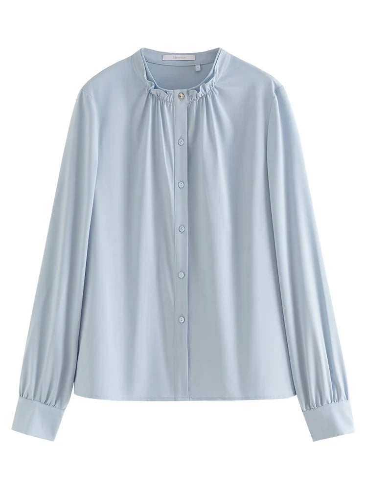 Saviig Blue Modal Collar Blouse: Spring 2024 Fashion Stand Collar Office Shirt