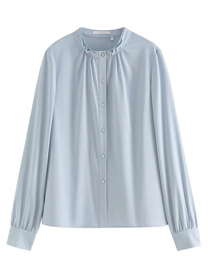 Saviig Blue Modal Collar Blouse: Spring 2024 Fashion Stand Collar Office Shirt