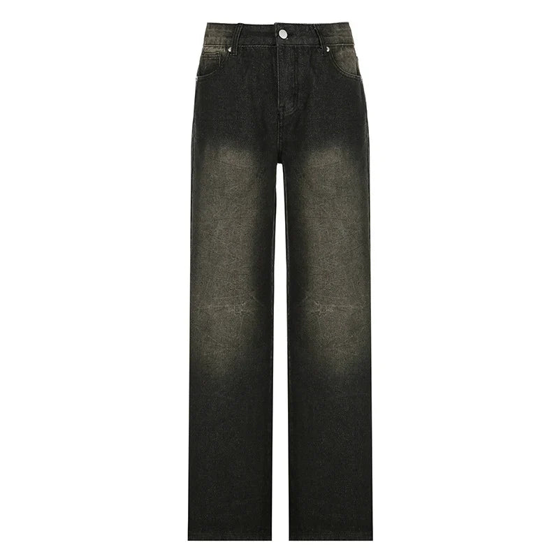 Saviig High Waist Loose Black Wide Leg Denim Jeans for Women, Y2K Streetwear Fashion