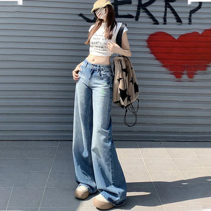 Saviig Vintage Blue Wide Leg High Waist Jeans - All-Match Baggy Denim Trousers
