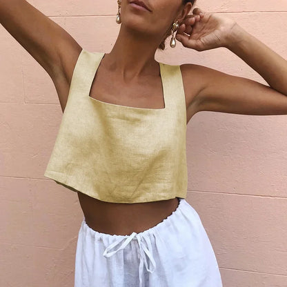 Saviig Chic Square Neck Linen Crop Top Solid Color Backless Sleeveless Summer 2025