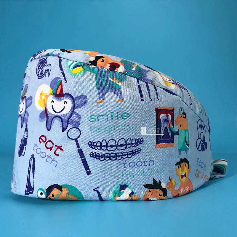 Saviig Tooth Print Unisex Clinic Scrub Cap | High-Quality Cotton Dental Work Hat