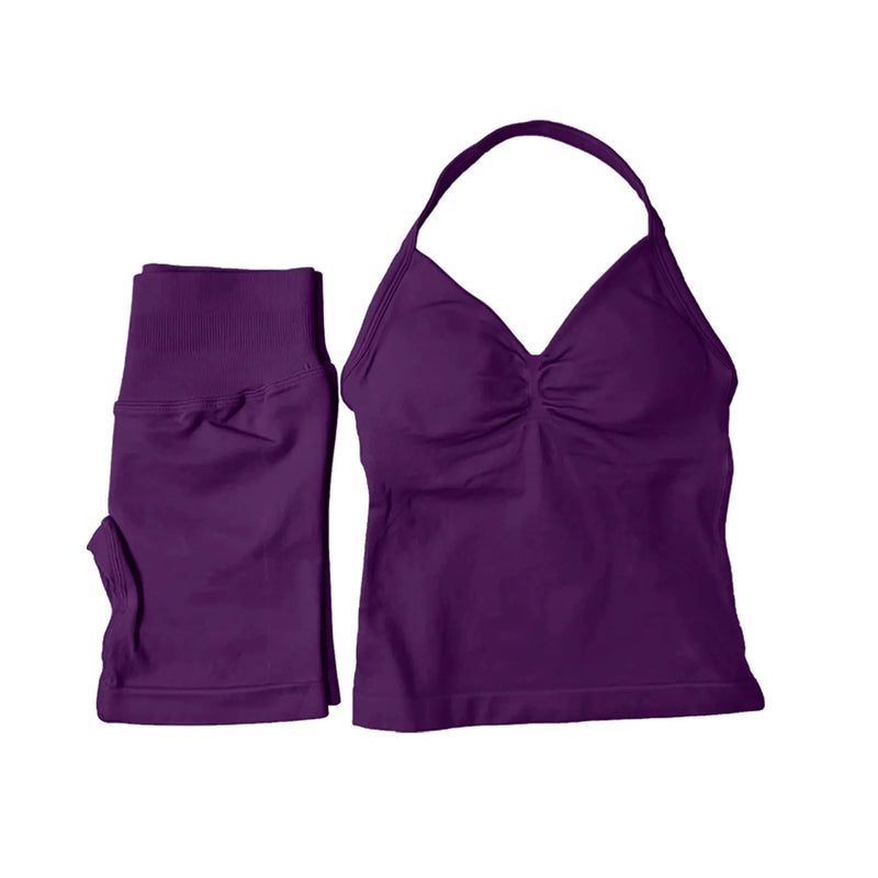 Saviig Impact Yoga Set: Longline Strappy Top & Shorts - Women's Gym Fitness Suit