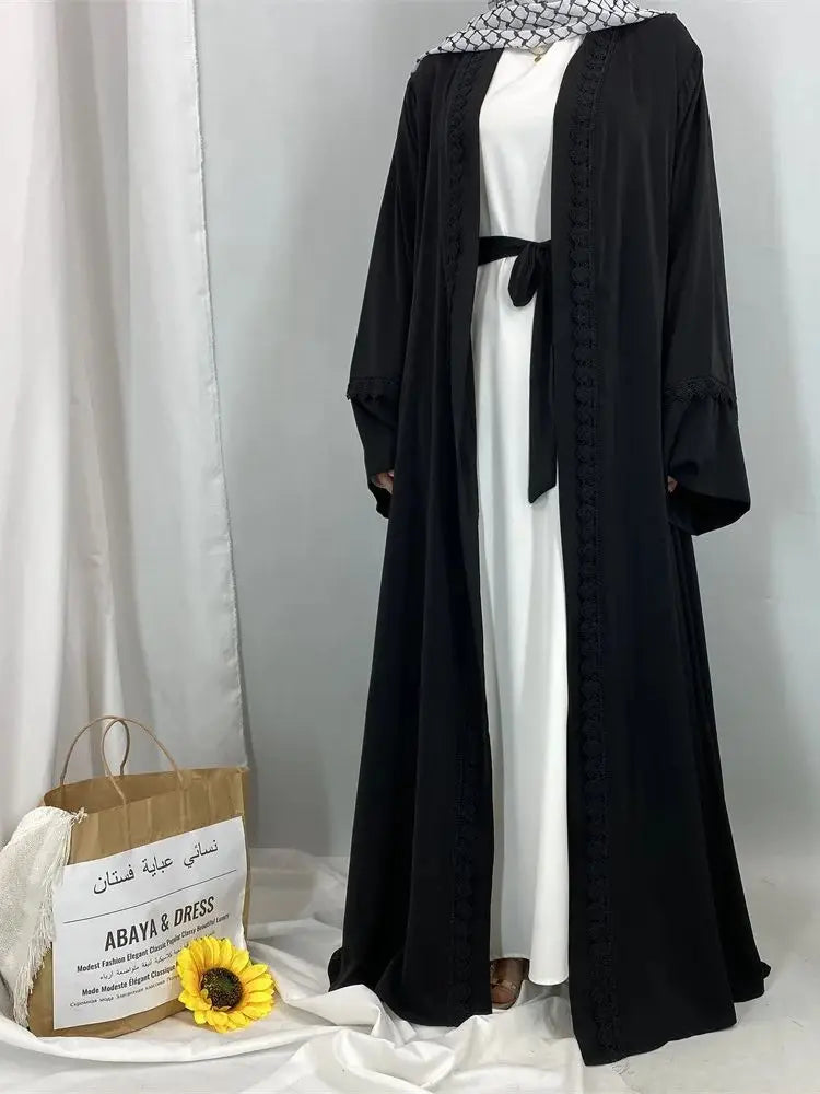 Saviig Ramadan Eid Mubarak Black White Kimono Abaya for Women