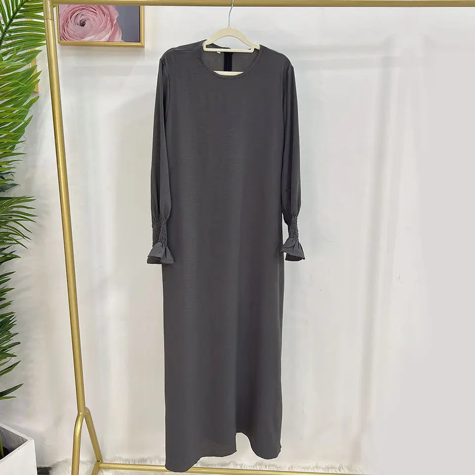 Saviig Abaya Inner Long Dress with Smocked Cuffs - Modest Muslim Woman Casual Robe