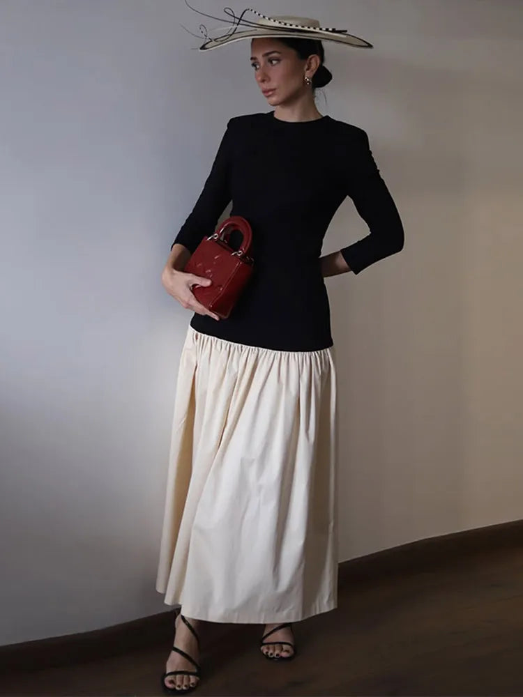 Saviig Fashion Contrast Splicing Pleated Long Dress Round Neck Loose Vestido